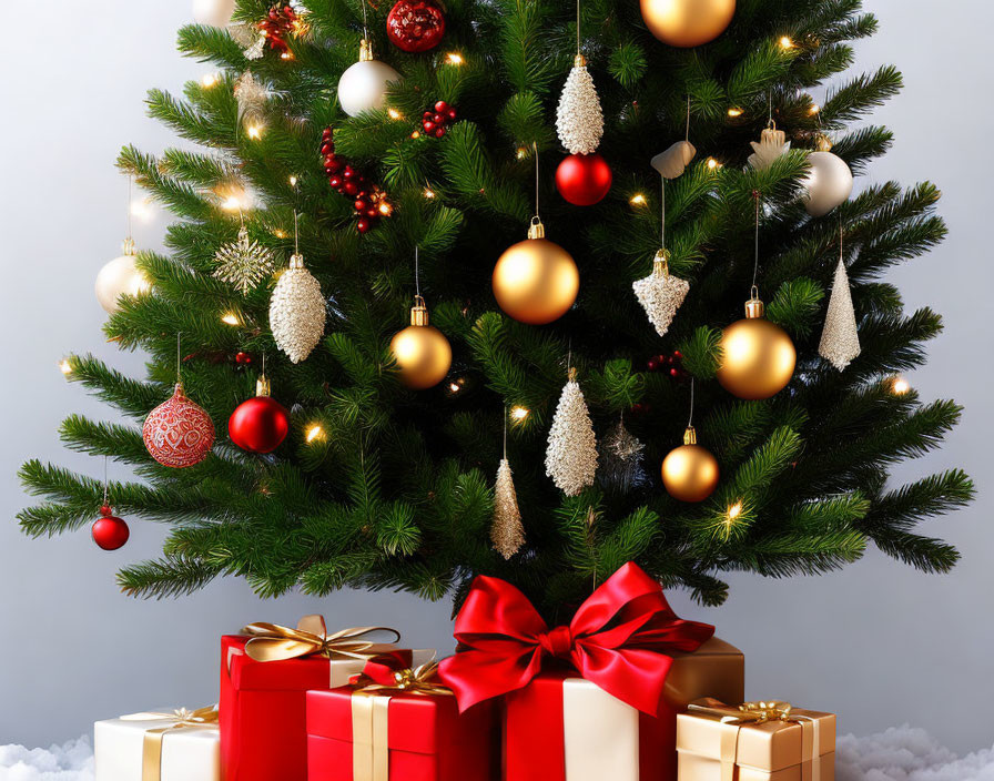 Festive Christmas tree with golden and red ornaments and presents