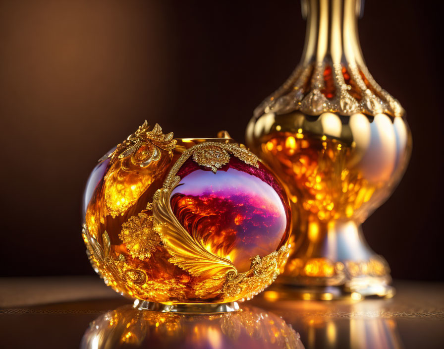 Elegant Gold and Amber Perfume Bottles on Dark Background