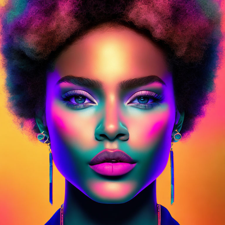 Vibrant neon-lit portrait of woman with afro and striking makeup