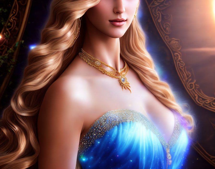 Blonde Woman in Blue Dress with Gold Jewelry in Mystical Setting