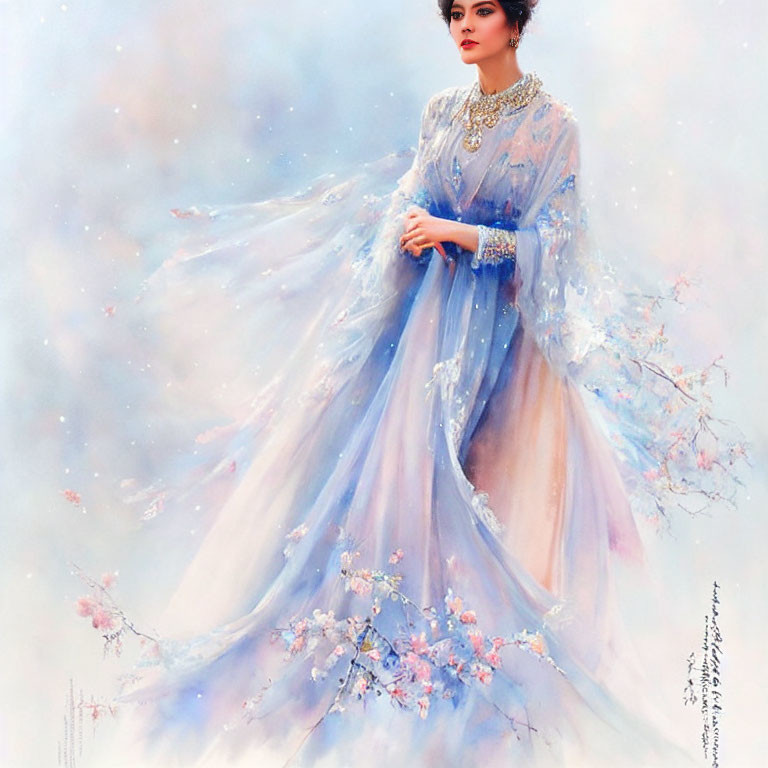 Woman in Blue Floral Gown on Dreamy Background