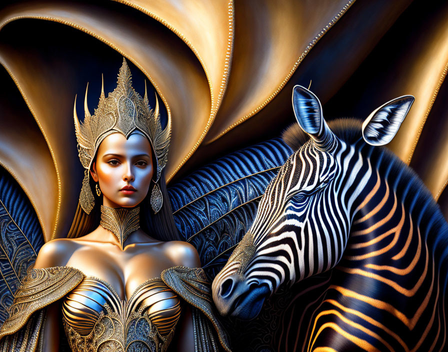 Digital artwork of woman with headpiece beside zebra in golden fabric backdrop