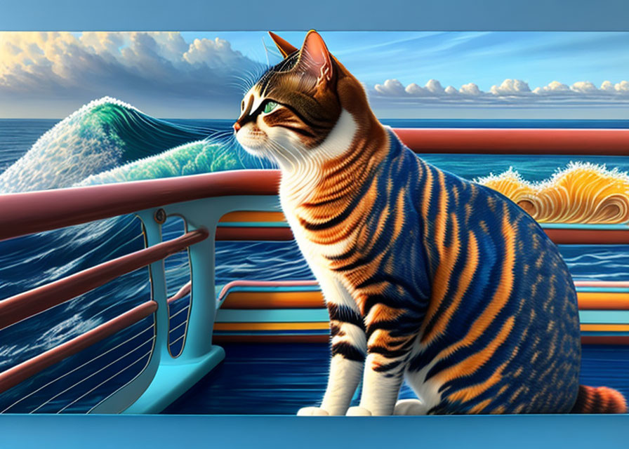 Colorful tiger-striped cat on boat looking at surreal ocean waves.