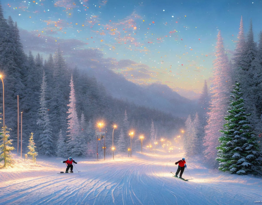 Skiers on snowy slope under twilight sky with streetlights