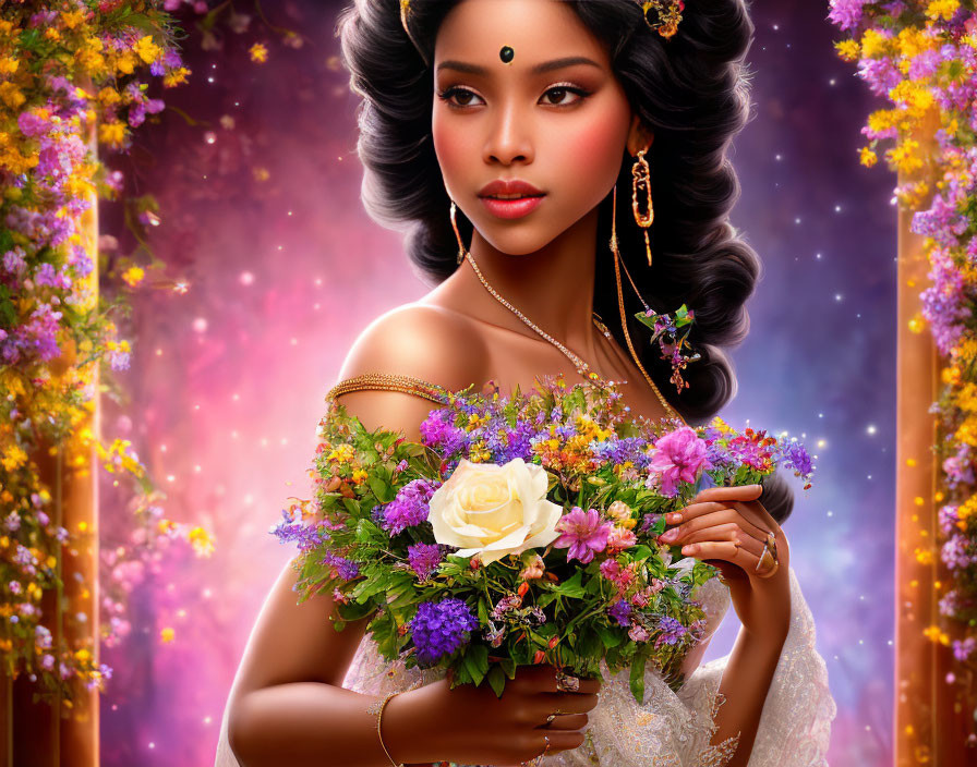 Intricate updo woman with traditional jewelry and colorful bouquet against mystical floral backdrop