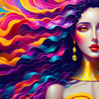 Colorful Digital Artwork: Woman with Vibrant Wavy Hair and Psychedelic Background