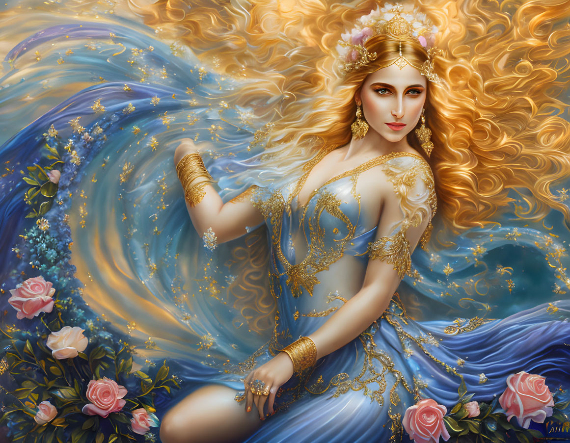 Fantastical illustration of a woman with golden hair and blue dress among roses