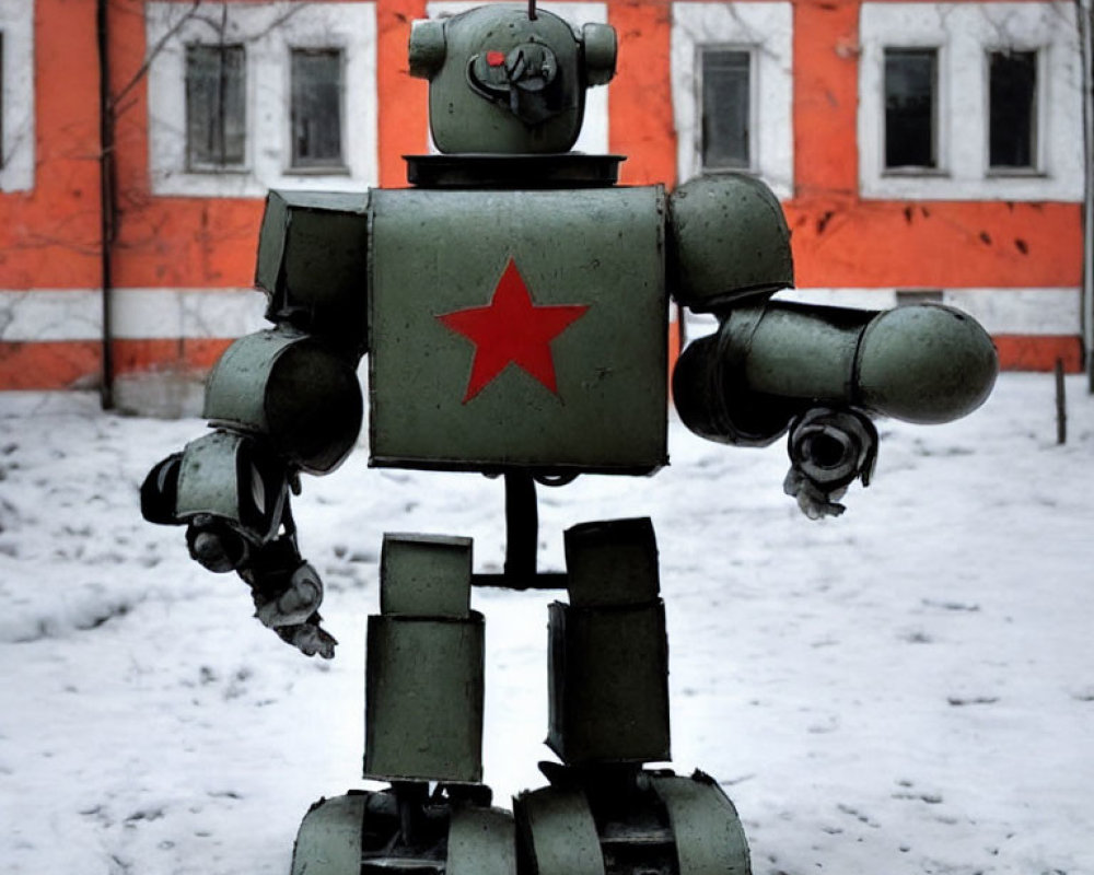 Stylized robot with red star in snow with orange building