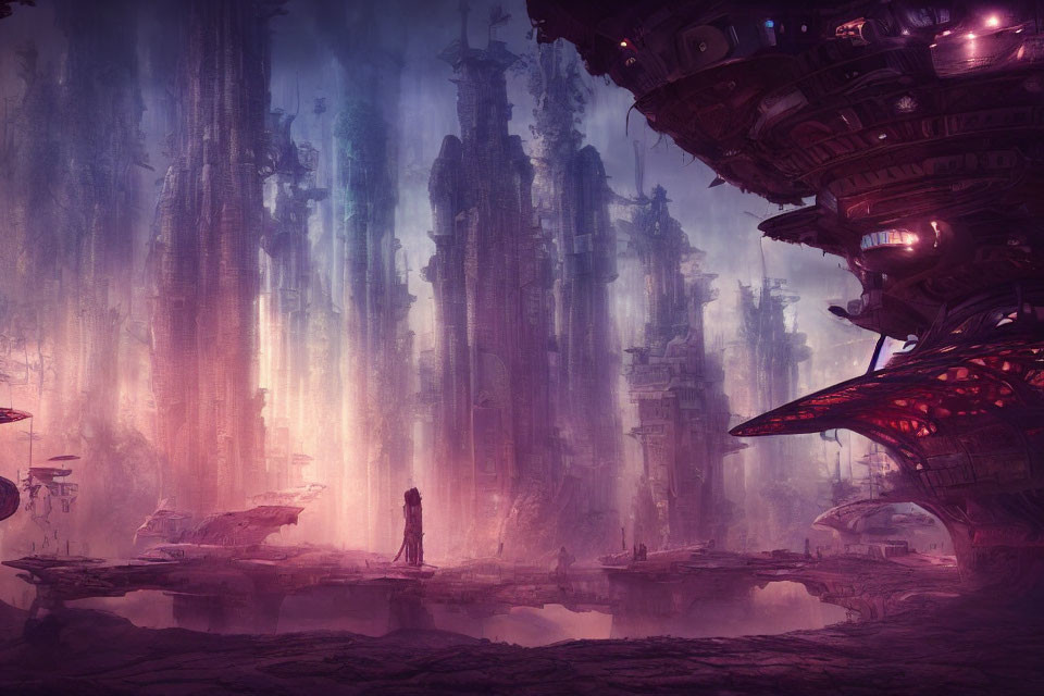 Lone figure in surreal alien landscape with shimmering purple and pink hues