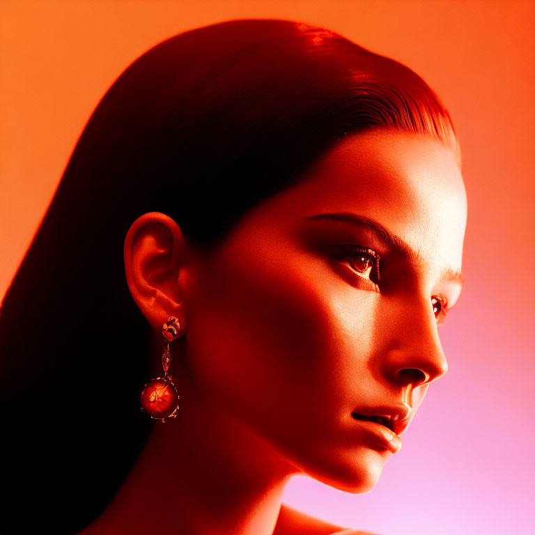 Woman with Sleek Hair and Earring in Warm Red and Orange Light