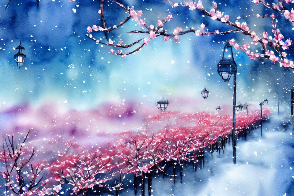 Snowy Cherry Blossom Path at Night: Watercolor Illustration