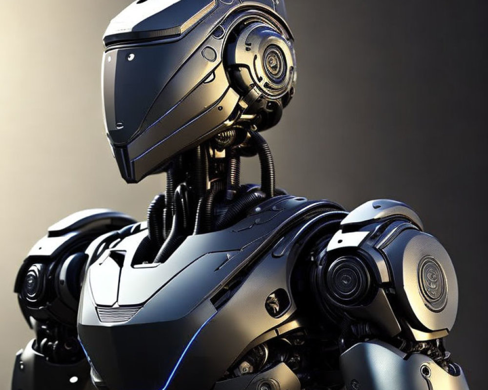 Detailed Futuristic Robot Design in Black, Silver, and Neon Blue