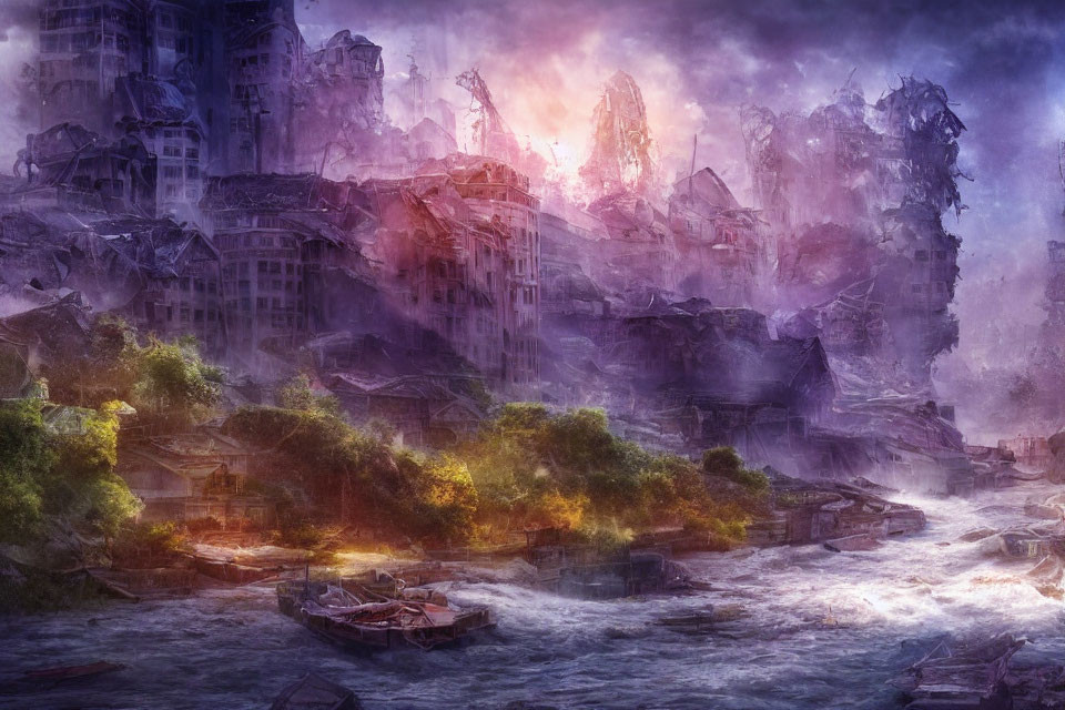 Dystopian cityscape with crumbling buildings and tumultuous river under ominous purple sky