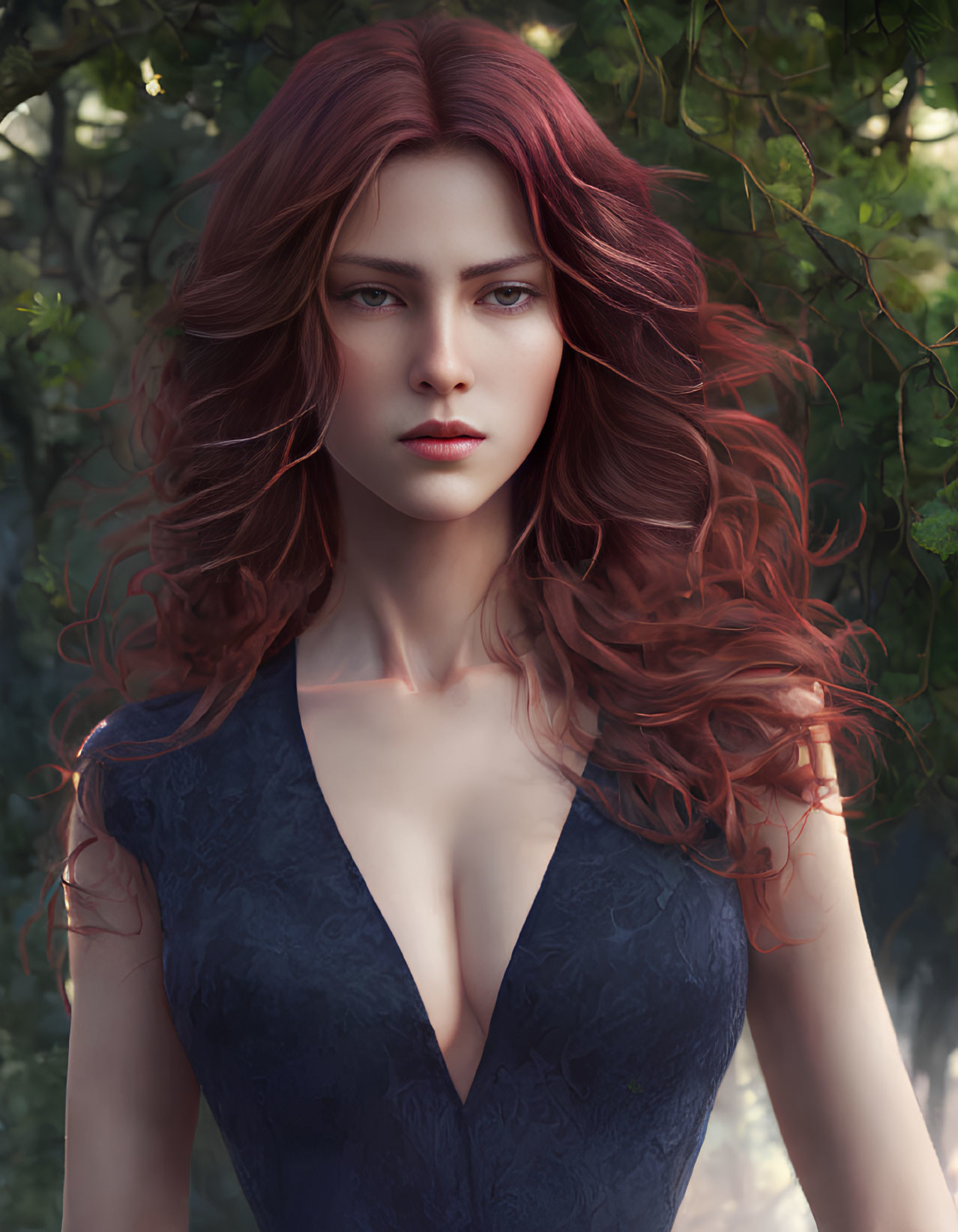 Digital Artwork: Woman with Auburn Hair and Blue Dress in Nature Setting