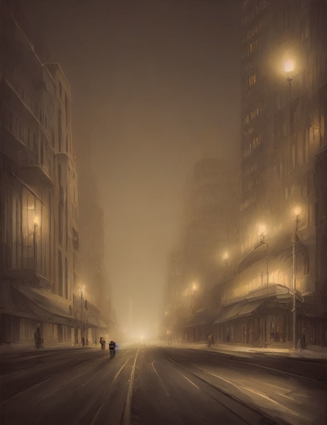 Foggy city street at night with illuminated buildings and lone figure