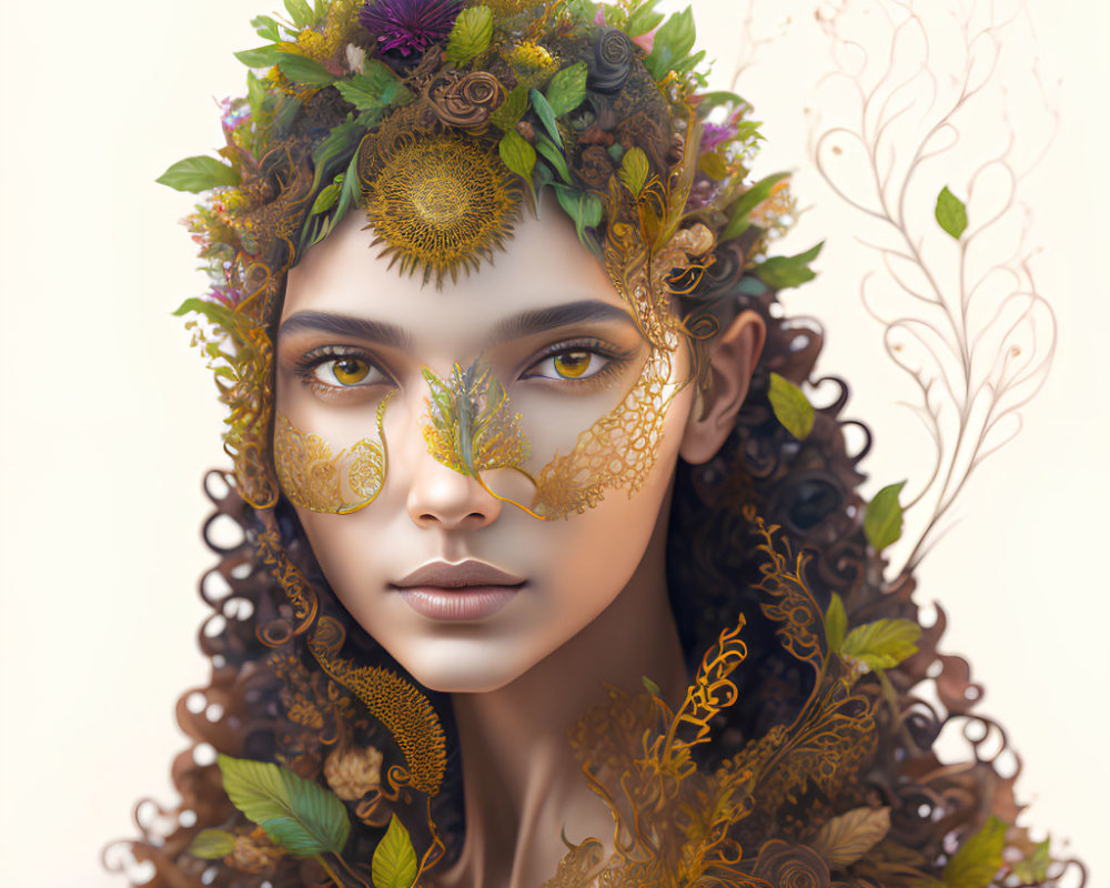 Digital portrait of woman with floral wreath and golden filigree on cream background