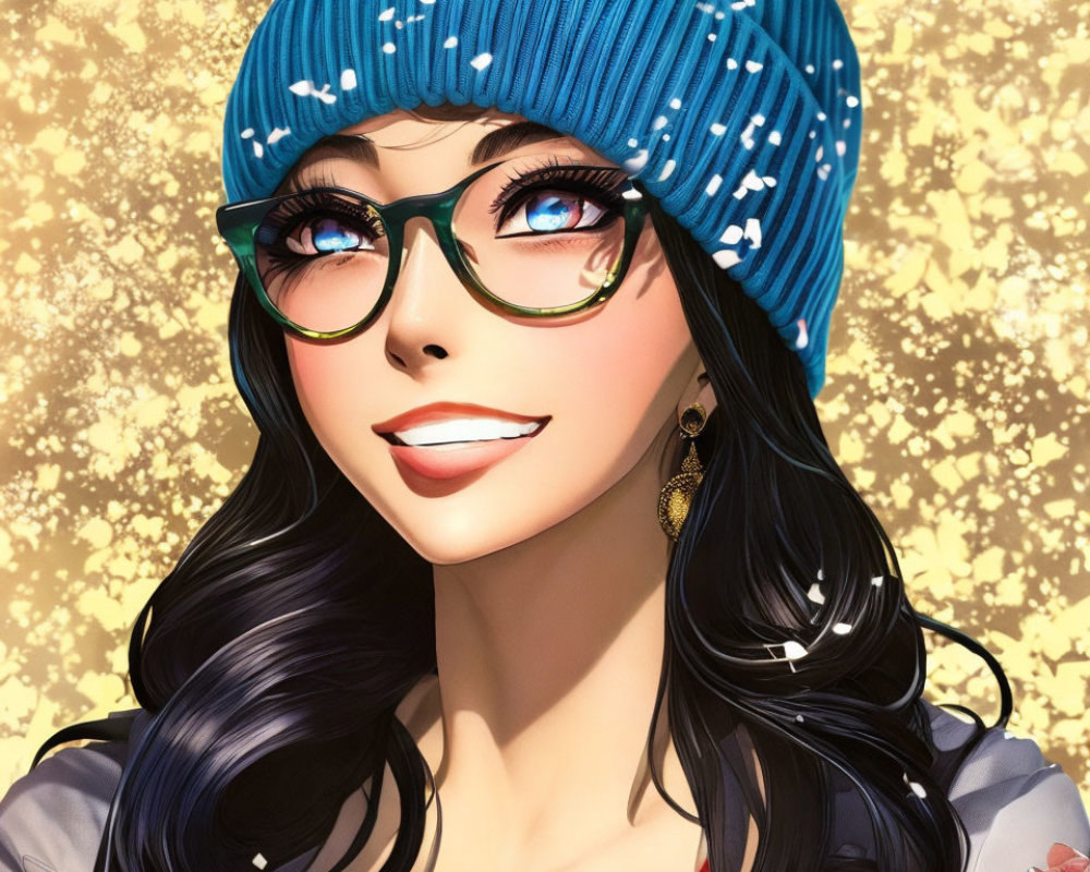 Smiling woman with glasses and blue beanie on gold background