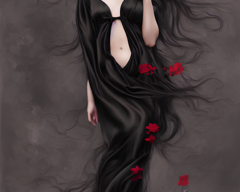 Woman in black dress with red floral accents against muted background