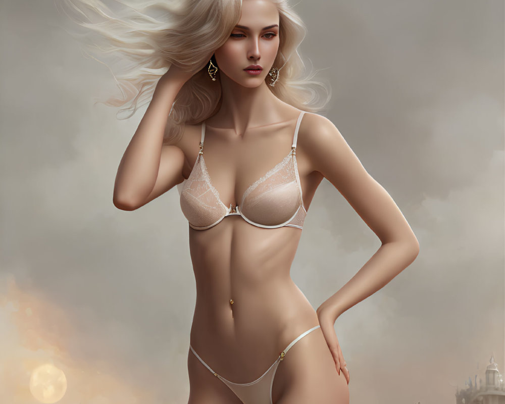Fantasy digital artwork of woman with flowing white hair in bikini