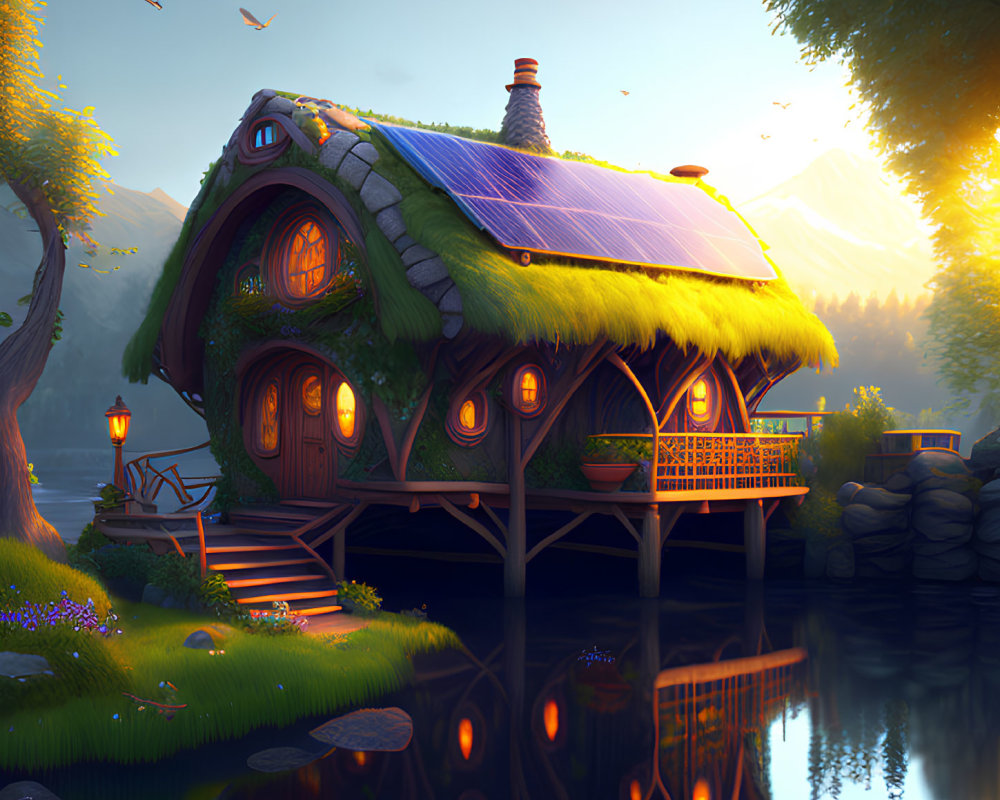 Quaint cottage with thatched roof by serene lake at sunset
