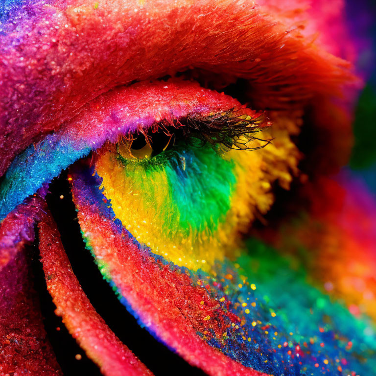 Vibrant rainbow-colored eye makeup with glitter details