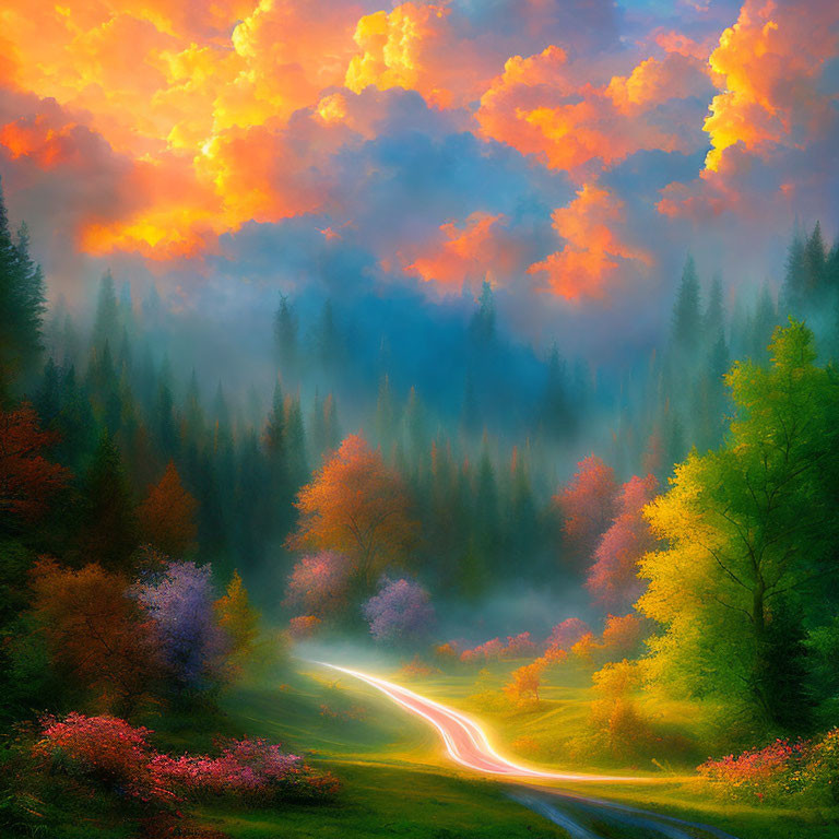 Colorful Misty Forest Path at Dusk or Dawn: Vibrant Landscape with Fiery Clouds