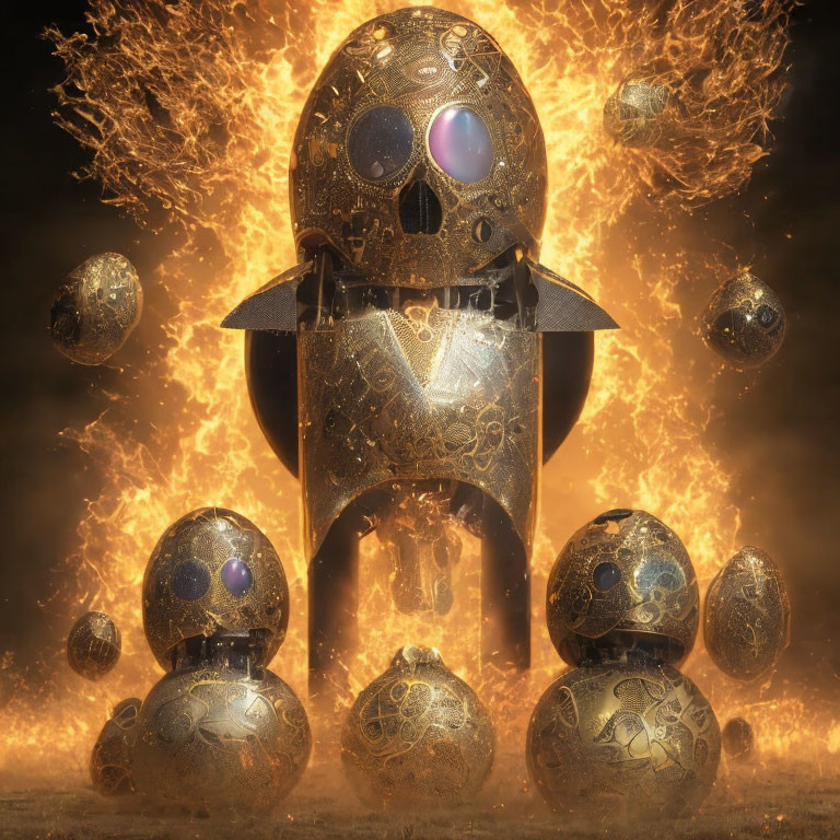 Ornate spherical robots with glowing eyes in fiery, debris-filled scene