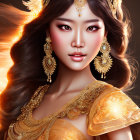 Illustrated woman with flowing hair and gold jewelry in elegant yellow-golden dress on warm backdrop