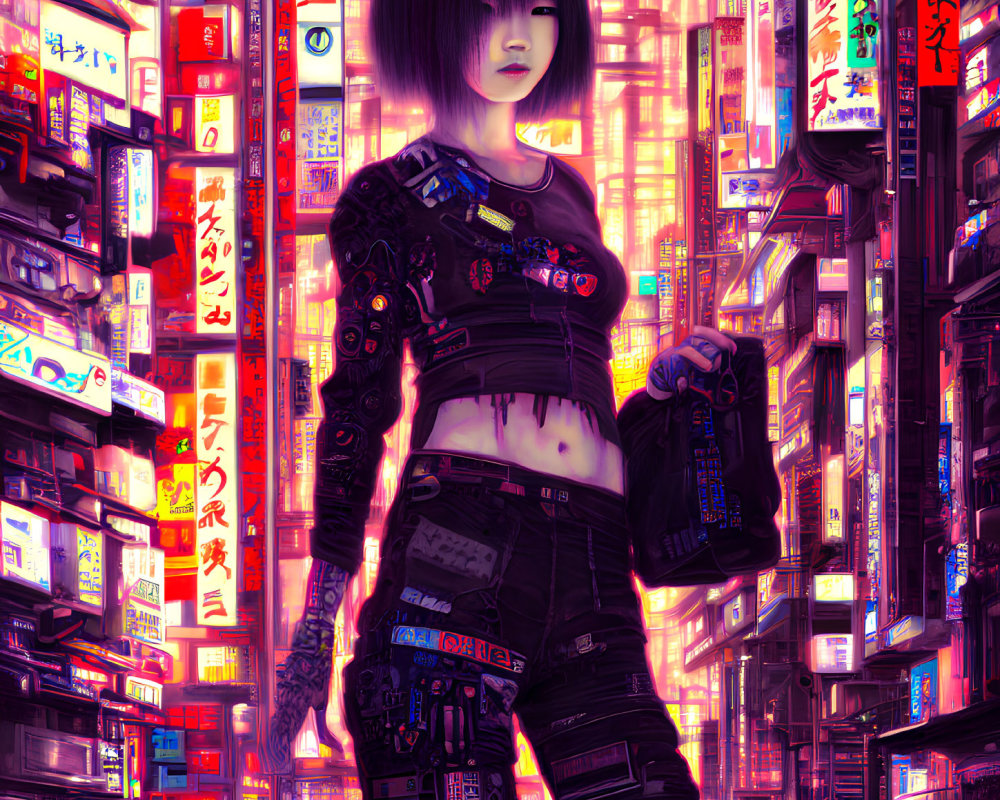 Futuristic cyberpunk illustration of a young woman in neon-lit alley