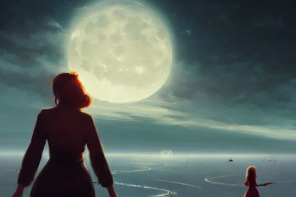 Woman and child under glowing moon in vast landscape