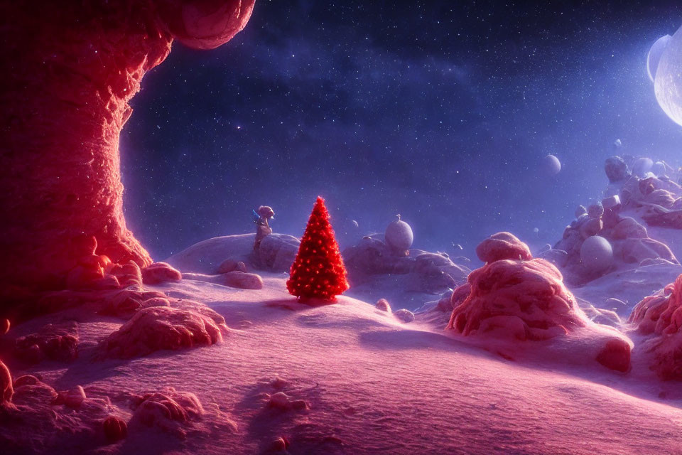 Red Christmas tree in snowy alien landscape with massive planets.