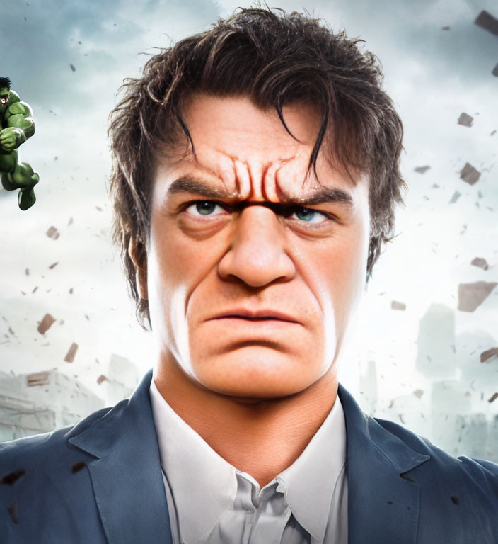 Intense man in suit with Hulk-like appearance and debris backdrop