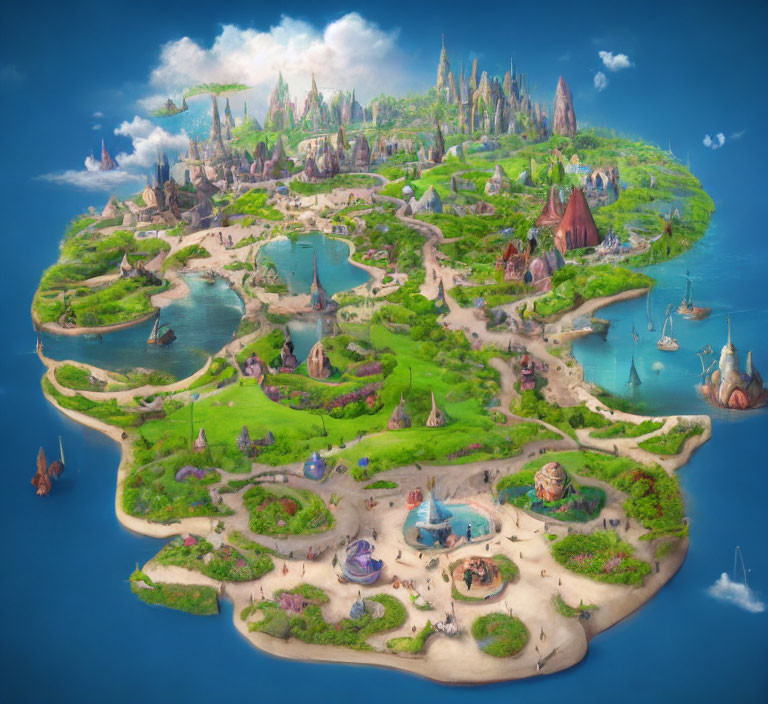 Whimsical island archipelago with green landscapes and ships on a bright day