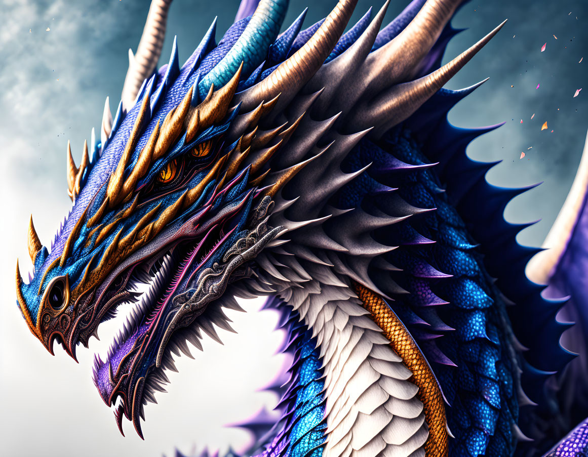 Detailed Blue Dragon Illustration with Sharp Scales and Golden Eyes