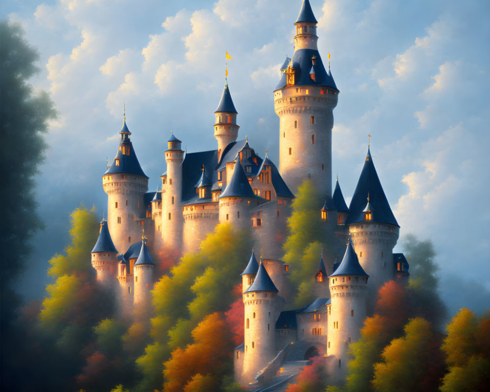 Majestic fairy-tale castle with spires in autumn landscape
