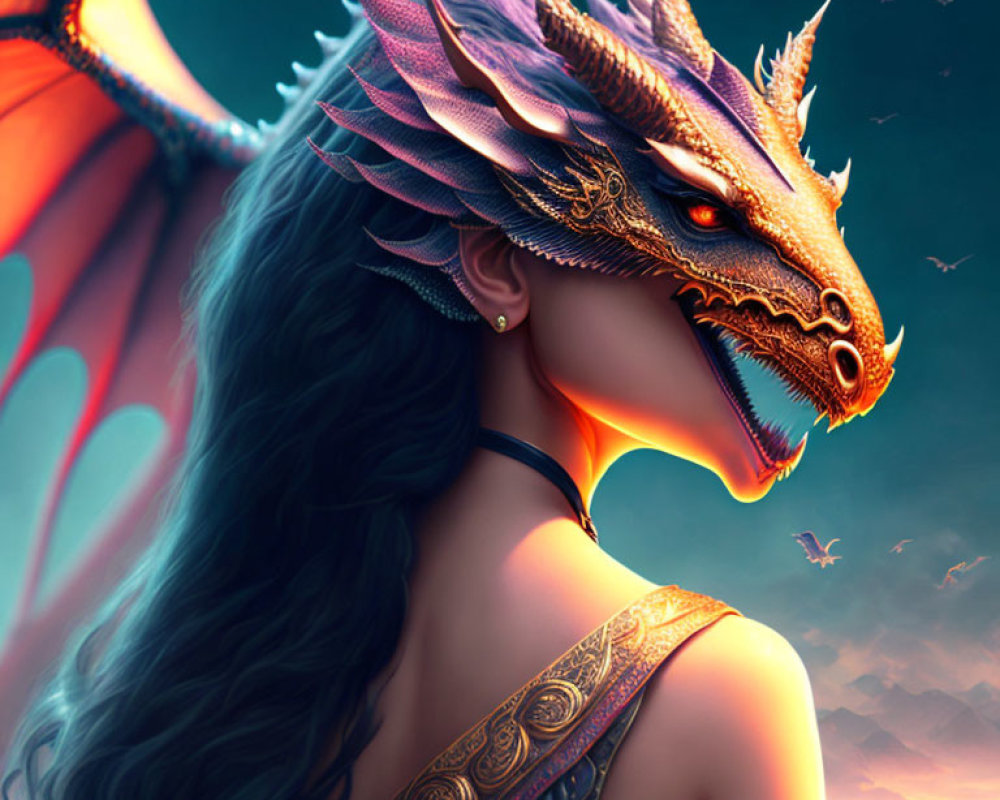 Dragon-headed woman with golden and purple scales in twilight sky with birds