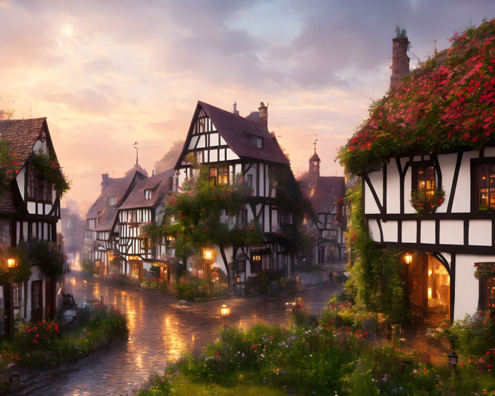 Medieval village street: cobblestones, half-timbered houses, flowers, warm lights