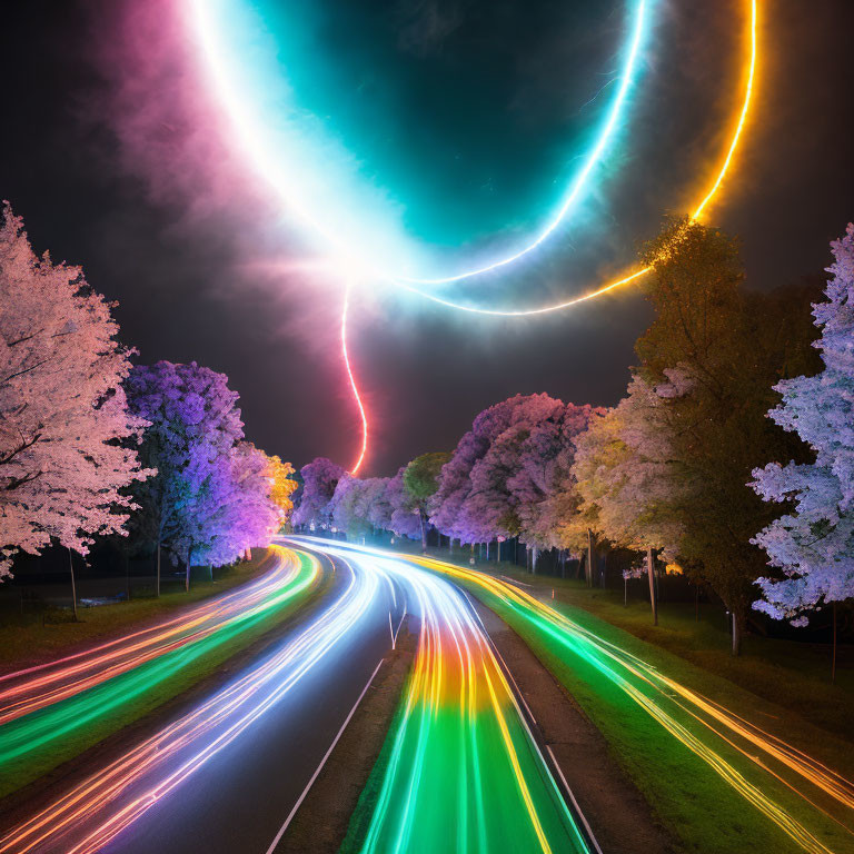 Vivid Night Scene with Neon Light Trails on Road