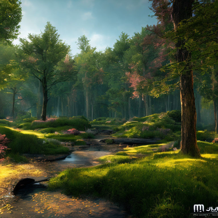 Tranquil forest scene with sunlight, stream, green grass, and pink blossoms
