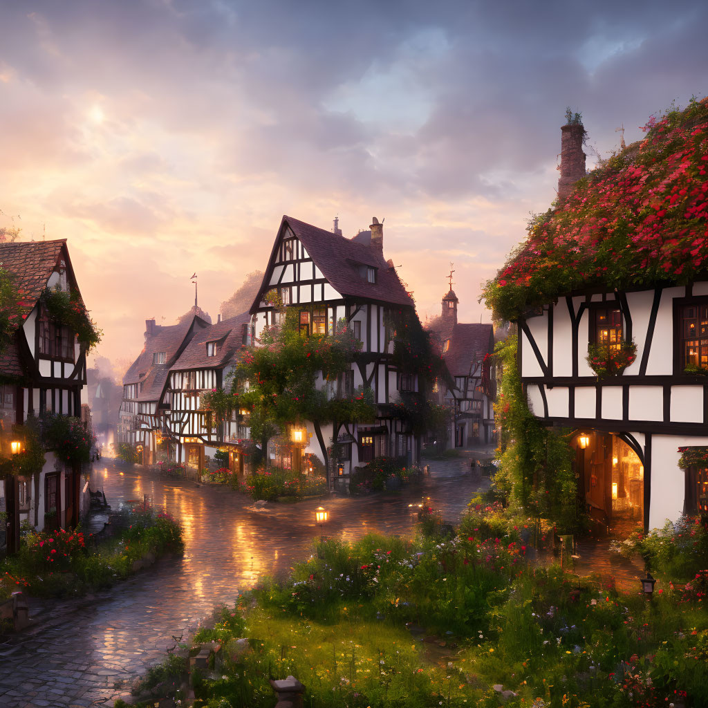 Medieval village street: cobblestones, half-timbered houses, flowers, warm lights