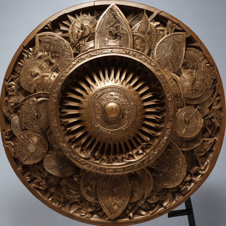 Carved Wooden Shield with Floral and Geometric Patterns