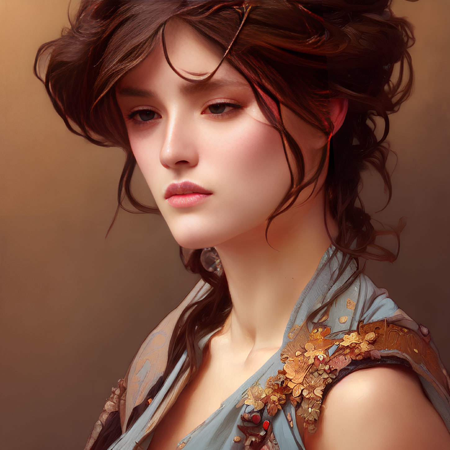 Digital portrait of a woman with flowing hair and embellished garment on warm-toned backdrop