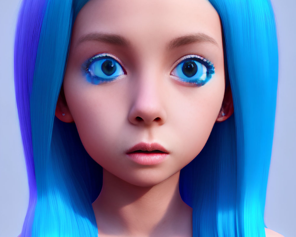 Digital artwork: Female character with blue hair, blue eyes, porcelain skin, surprised expression