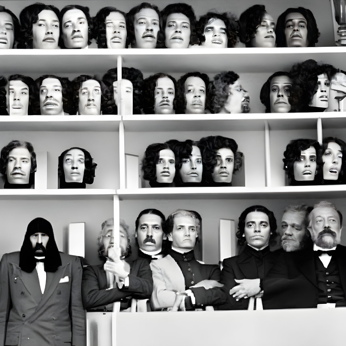 Assorted masks with diverse expressions above people mimicking them