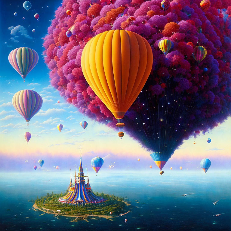 Vibrant hot air balloons over lush island with castle and sky bubbles