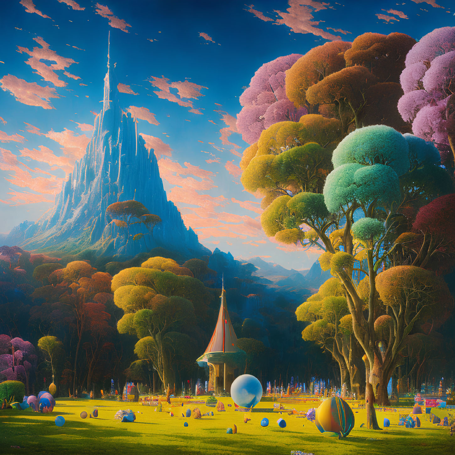 Colorful Fantasy Landscape with Whimsical Structures and Floating Orbs