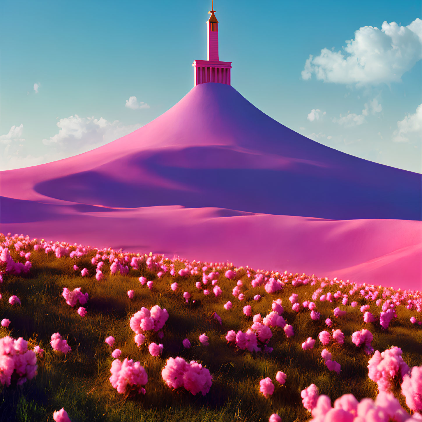 Surreal pink sand desert with tower and pink flowers on dune