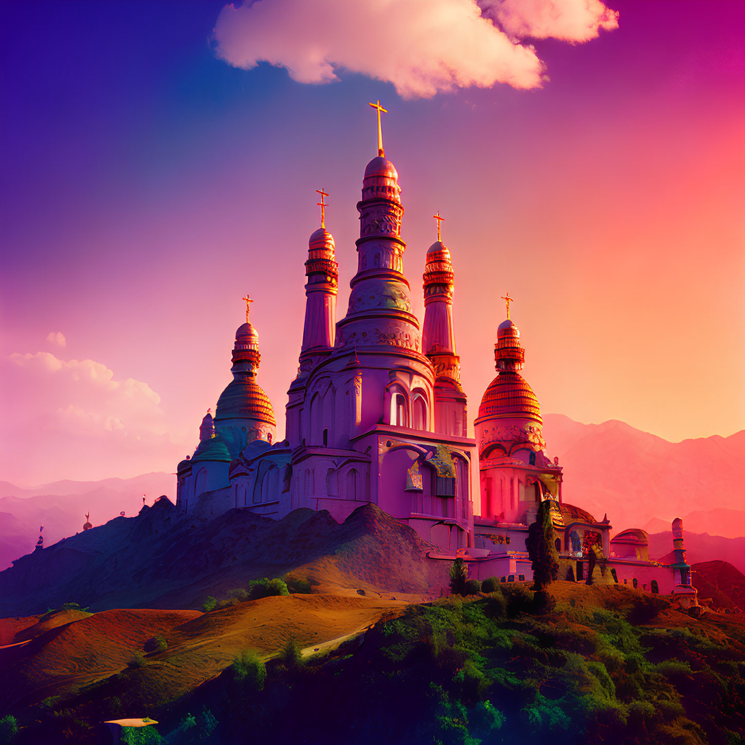 Ornate cathedral with golden domes against mountain sunset