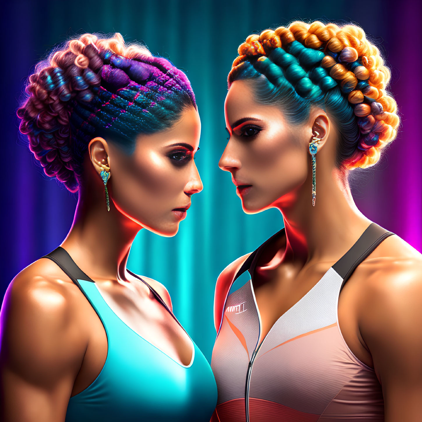 Two Women with Braided Hair in Colorful Backdrop and Athletic Wear