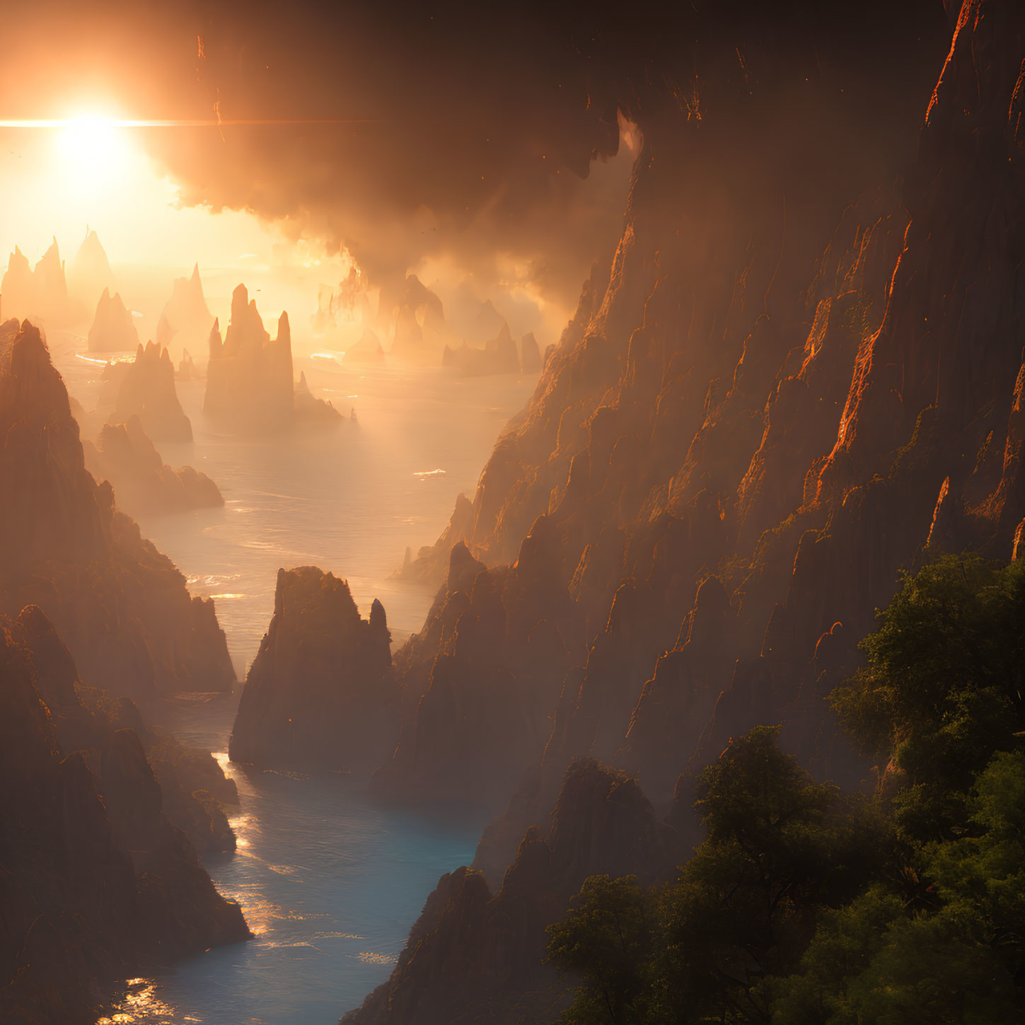 Misty canyon at sunrise with towering cliffs and river.